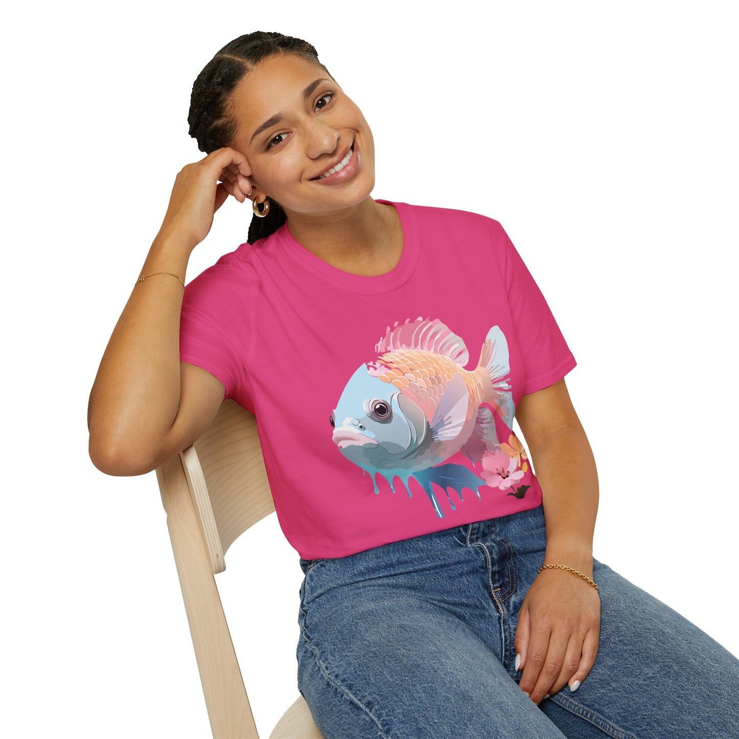 Fish Art Design Shirt Unisex Graphic Tee 100 Percent Ring Spun Cotton Softstyle Gildan 64000