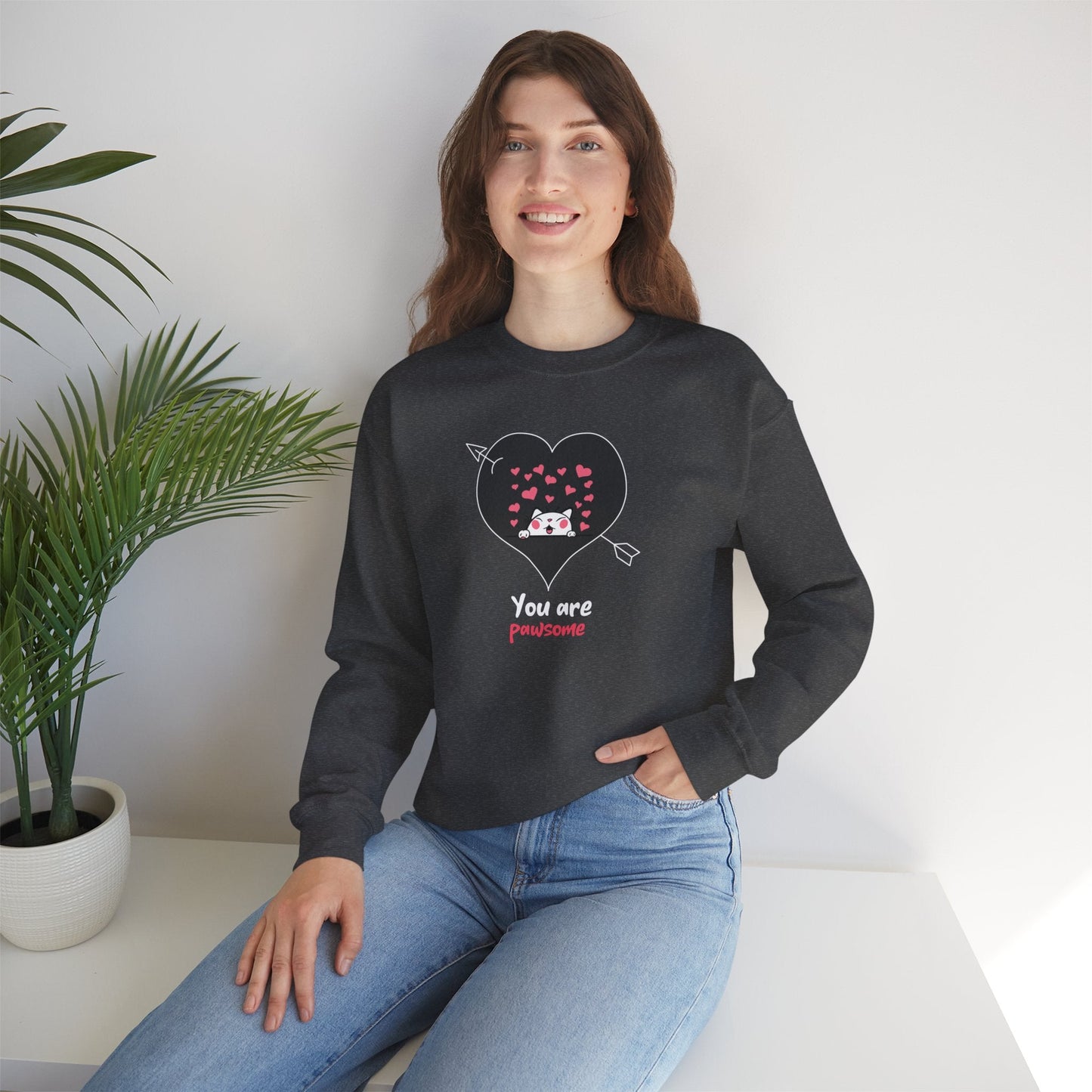 Cat Heart Sweatshirt Valentines Day Fifty Fifty Cotton Poly Unisex Crewneck Gift Idea