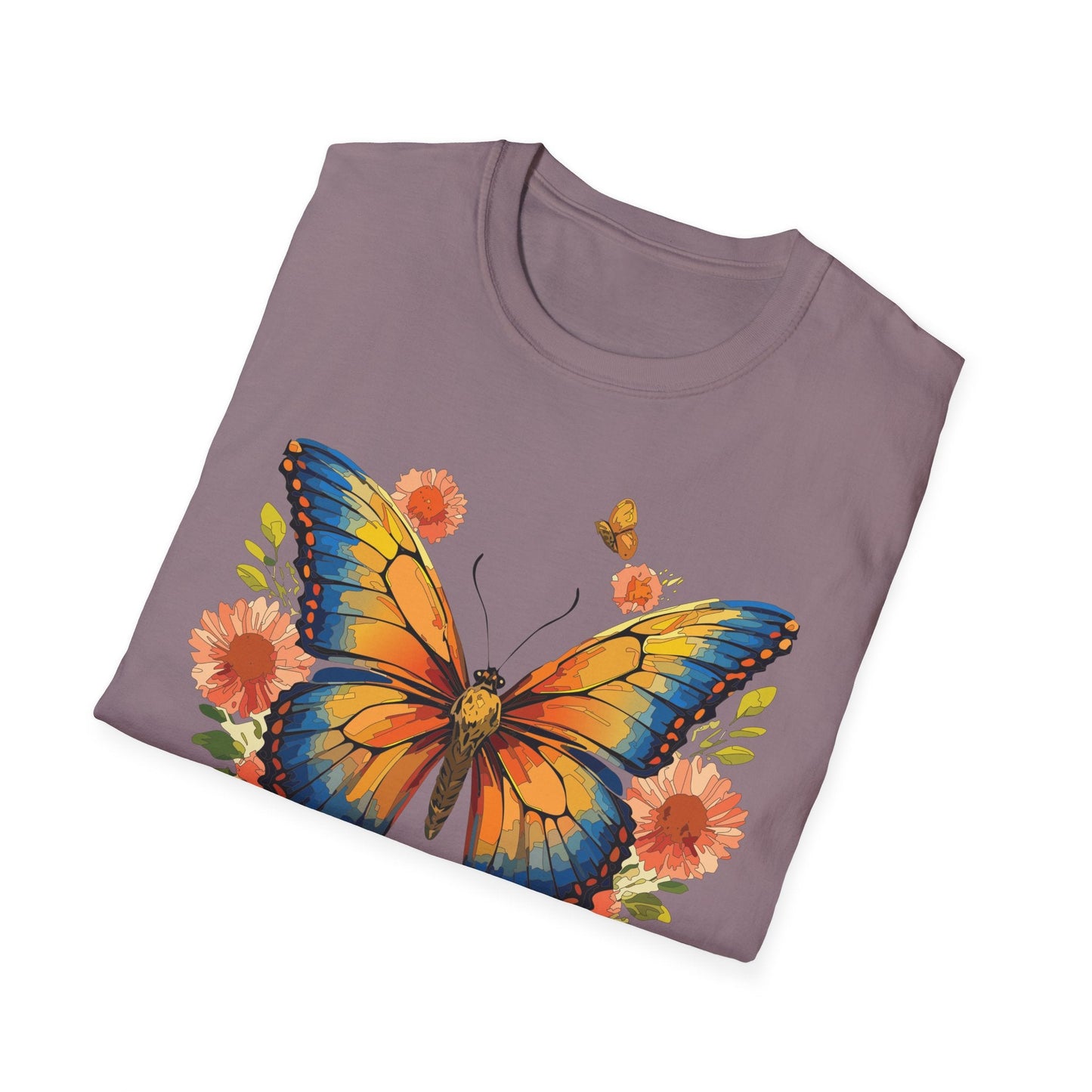 Butterfly T Shirt Unisex Softstyle Gildan 64000 Monarch Print 100 Percent Ring Spun Cotton