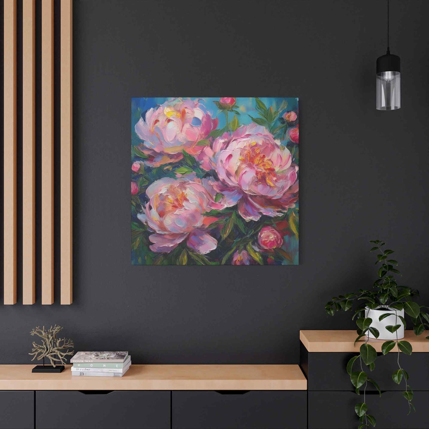Pink Peonies Print Canvas, Floral Oil Paint Print 20x20, 24x24, 30x30, 32x32, 36x36 Art Design Pine-Wood Inner Frame MC-116