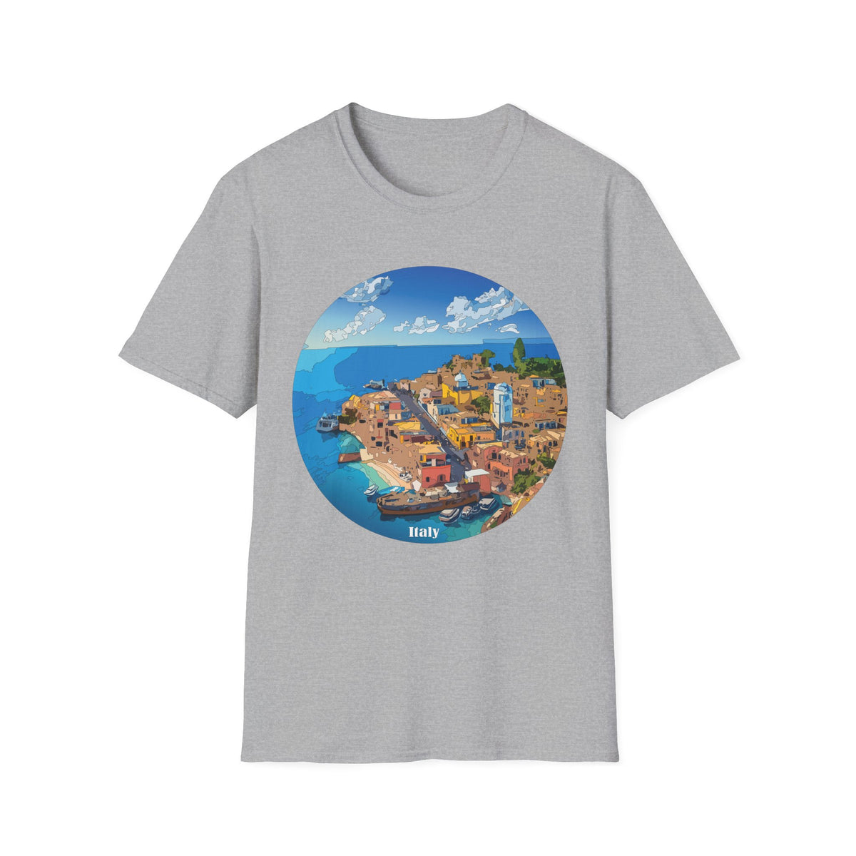 Italy Mediterranean Coastal Village Illustration T-Shirt | Seaside Landscape Tee