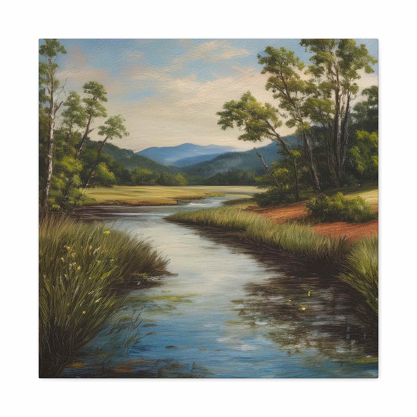 River Print Canvas, Landscape Oil Paint Print 20x20, 24x24, 30x30, 32x32, 36x36 Art Design Print Pine-Wood Inner Frame MC-50