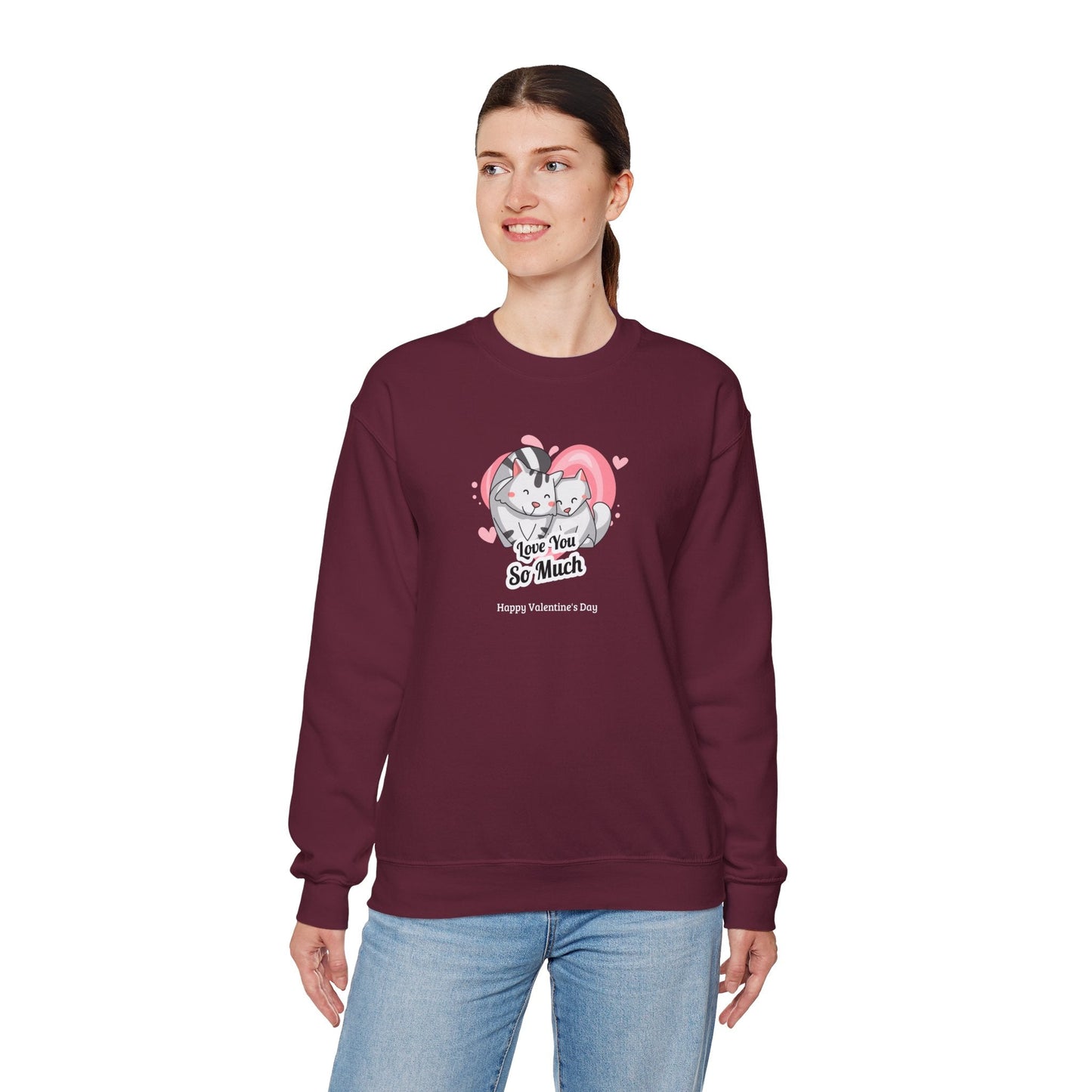 Cat Heart Sweatshirt Valentines Day Unisex 50 50 Cotton Poly Crewneck Gildan 18000