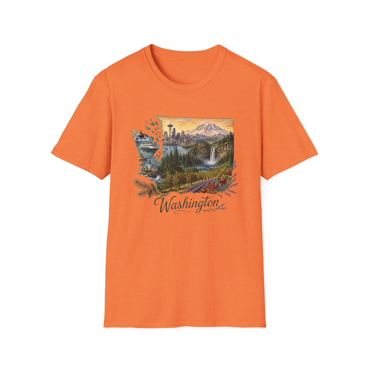 Washington Scenic T-Shirt — Vintage Mountain & Waterfall State Travel Tourist Graphic Design Unisex 100 Cotton Gildan T-Shirt