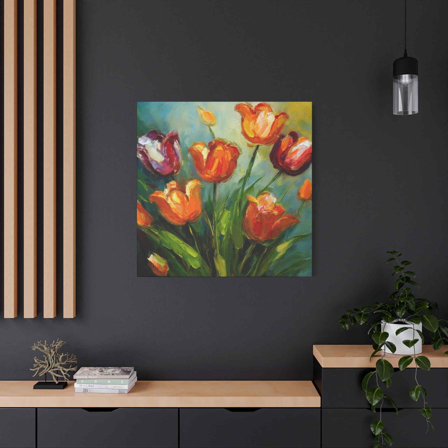 Tulips Print Canvas, Floral Oil Paint Print 20x20, 24x24, 30x30, 32x32, 36x36 Art Design Pine-Wood Inner Frame MC-142