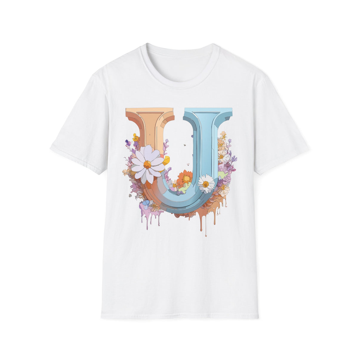 Floral Letter U T-Shirt | Vintage Block Initial with Daisies