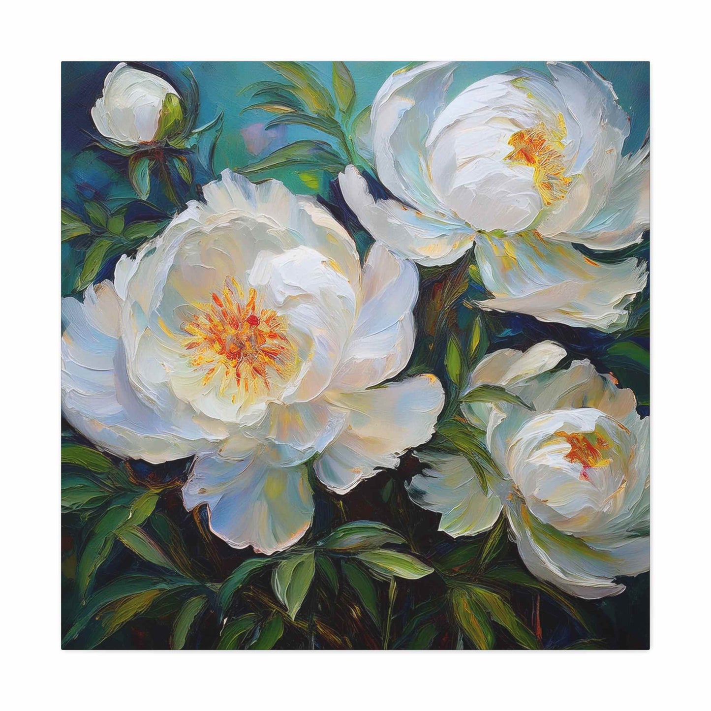 White Peonies Print Canvas, Floral Oil Paint Print 20x20, 24x24, 30x30, 32x32, 36x36 Art Design Pine-Wood Inner Frame MC-119