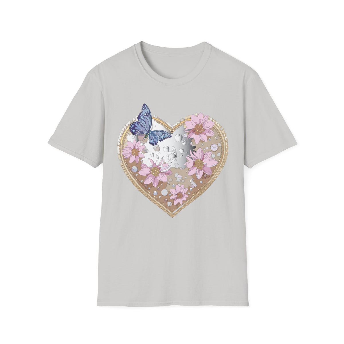 Floral Heart with Butterfly T-Shirt | Pink Flowers, Moon Phases Graphic Tee Unisex 100 Cotton Gildan T-Shirt