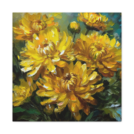 Chrysanthemums Print Canvas, Floral Oil Paint Print 20x20, 24x24, 30x30, 32x32, 36x36 Art Design Pine-Wood Inner Frame MC-162