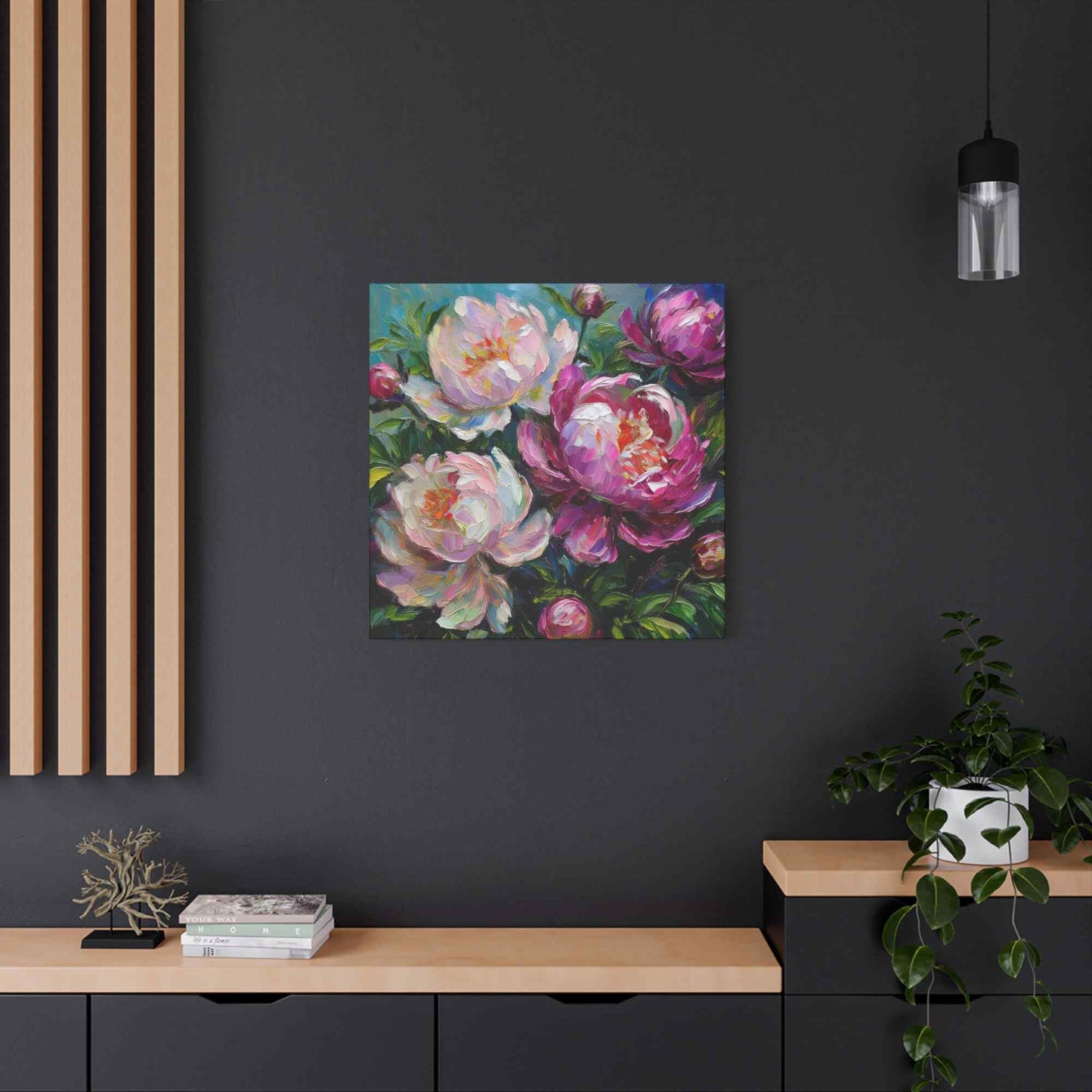 Pink Peonies Print Canvas, Floral Oil Paint Print 20x20, 24x24, 30x30, 32x32, 36x36 Art Design Pine-Wood Inner Frame MC-115