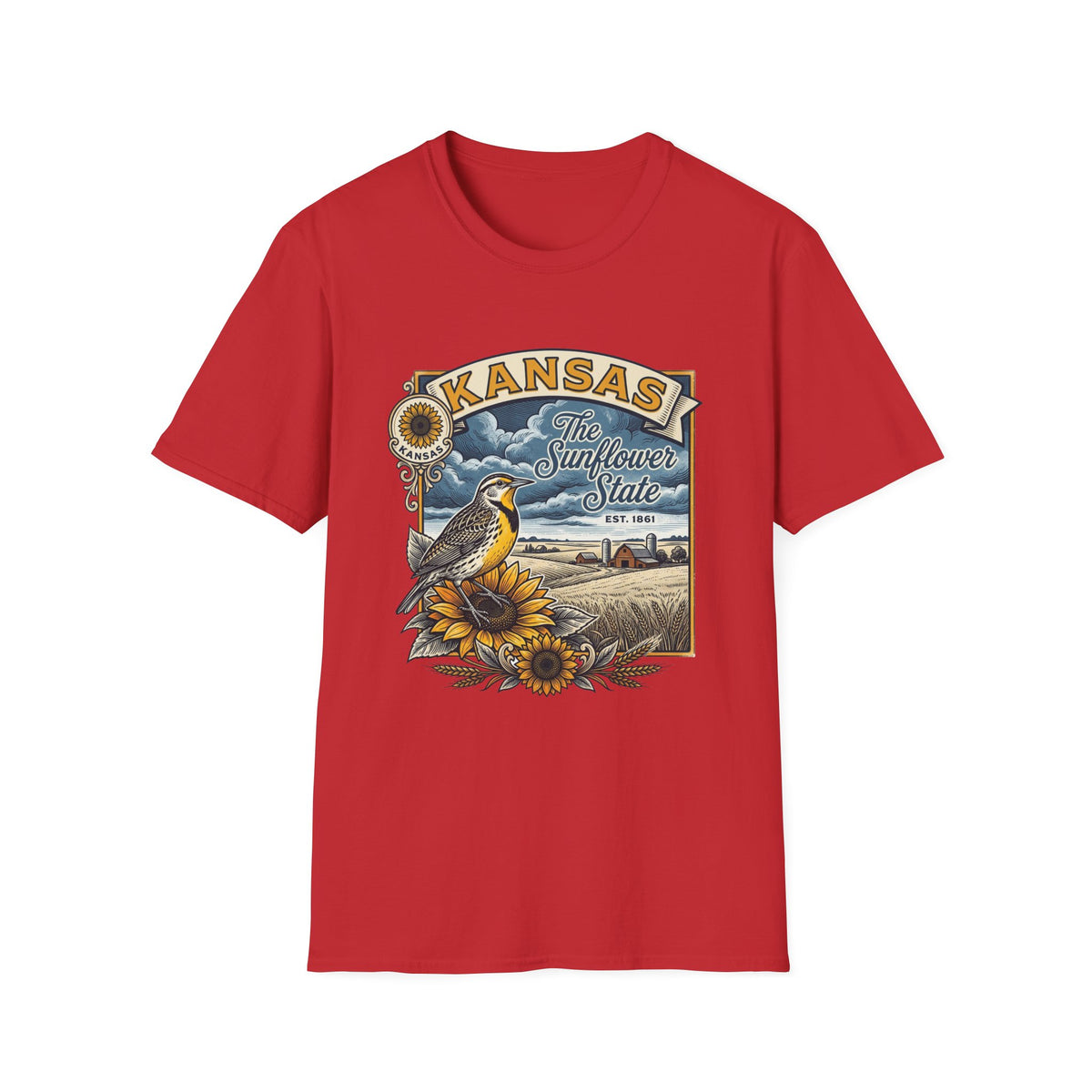 Kansas Sunflower State T-Shirt | Meadow Bird Vintage Travel Tourist Graphic Design Unisex 100 Cotton Gildan T-Shirt