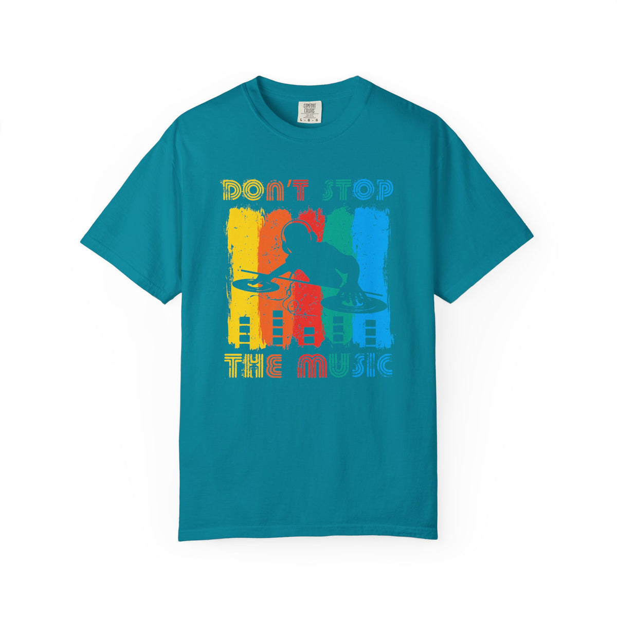 Don t Stop the Music DJ Silhouette T-Shirt Retro Rainbow Turntables Unisex Cotton Tee 014