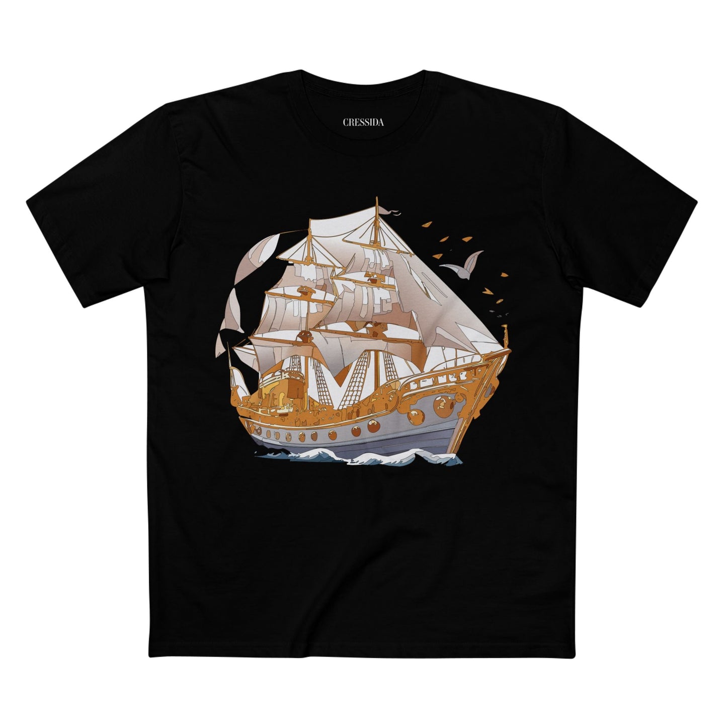 Ship Graphic Unisex 100 Cotton T-Shirt with Gold Frigate Art Design 1