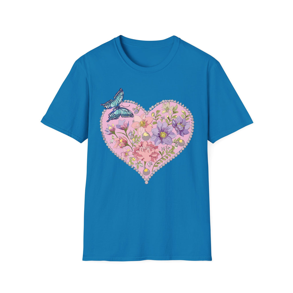 Floral Heart with Butterfly T-Shirt | Botanical Heart Graphic Tee Unisex 100 Cotton Gildan T-Shirt