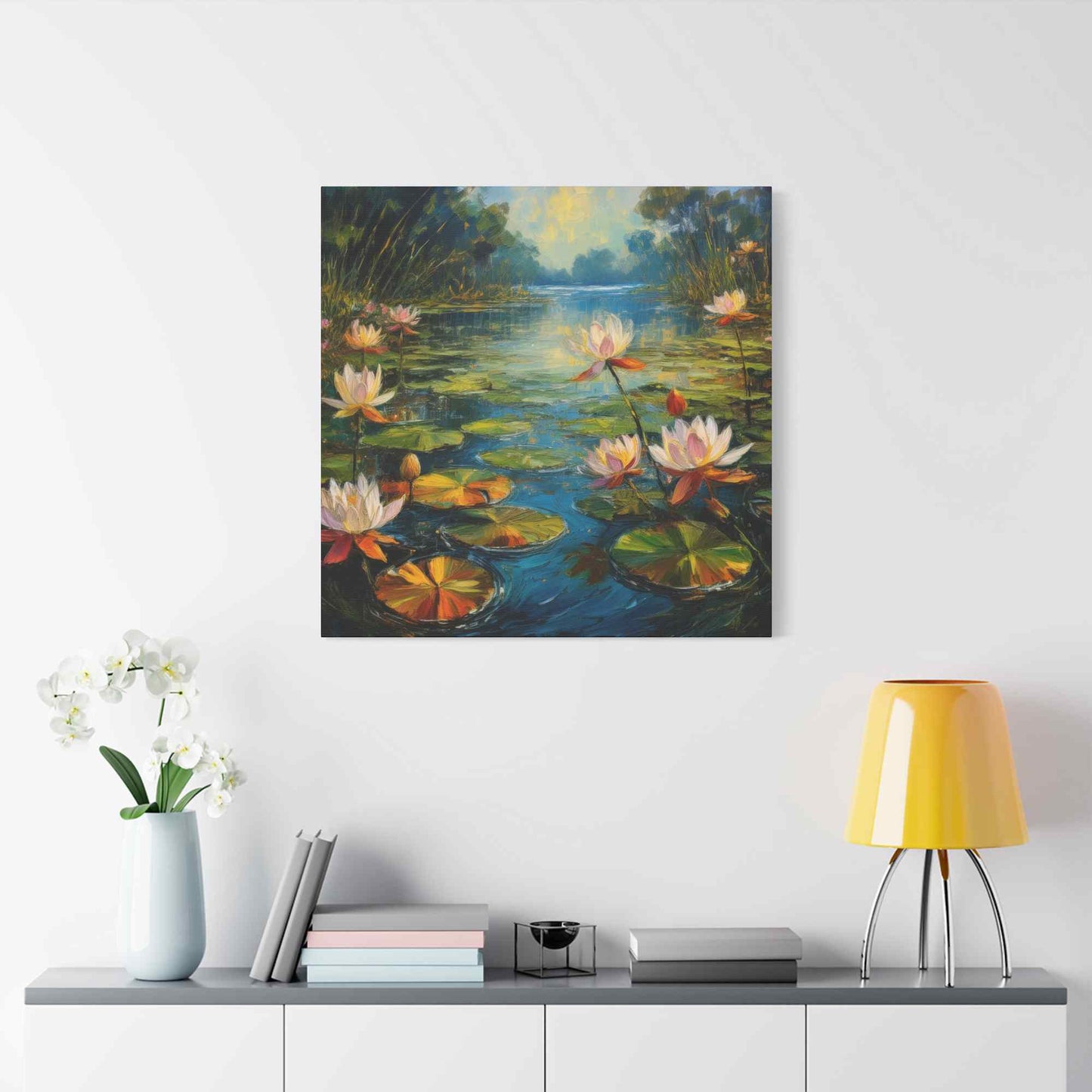 Water Lilies Print Canvas, Oil Paint Print 20x20, 24x24, 30x30, 32x32, 36x36 Art Design Print Pine-Wood Inner Frame MC-62