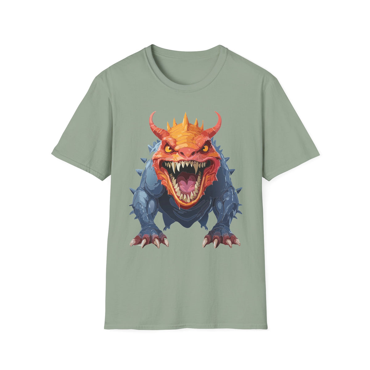 Dragon Monster T-Shirt — Fierce Orange & Blue Fantasy Creature Cartoon Graphic Tee Unisex 100 Cotton Gildan T-Shirt