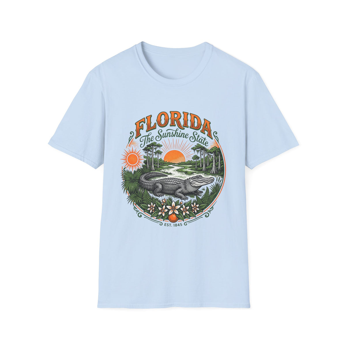 Florida The Sunshine State T-Shirt — Vintage Alligator Sunset Travel Tourist Graphic Design Unisex 100 Cotton Gildan T-Shirt
