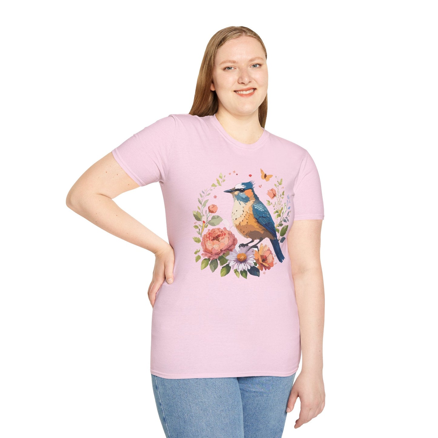 Floral Bird T Shirt Unisex Softstyle Gildan 64000 Tee 100 Percent Ring Spun Cotton