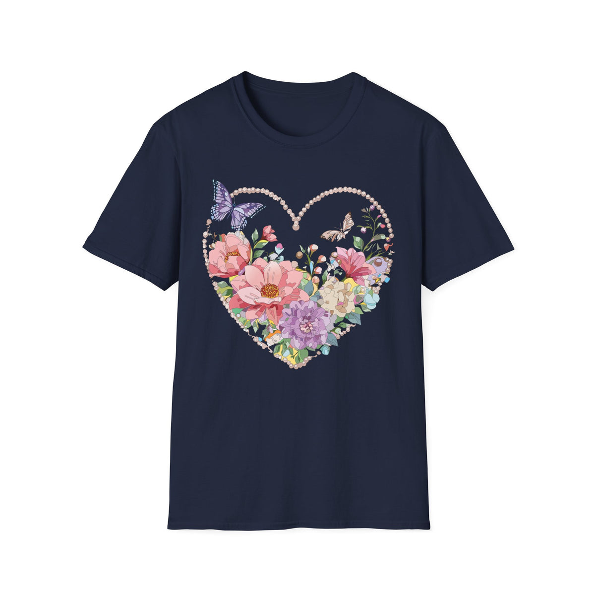 Floral Heart with Butterflies T-Shirt | Romantic Spring Garden Graphic Tee Unisex 100 Cotton Gildan T-Shirt