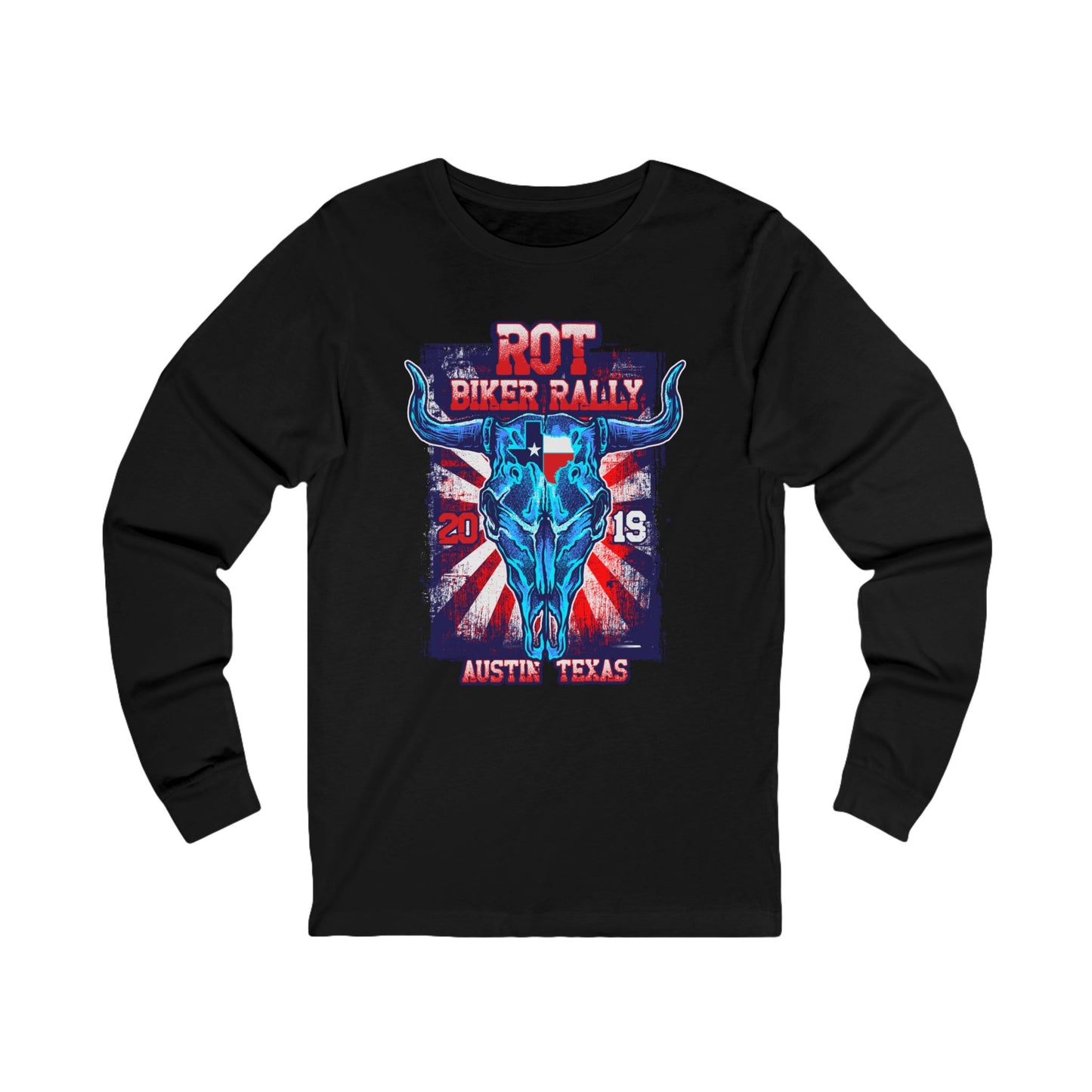 Biker Rally Unisex Bull Long Sleeve Tee, Bull Jersey Shirt, Biker Rally T-Shirts, Rodeo Art Design Tees Austin Texas T-Shirts