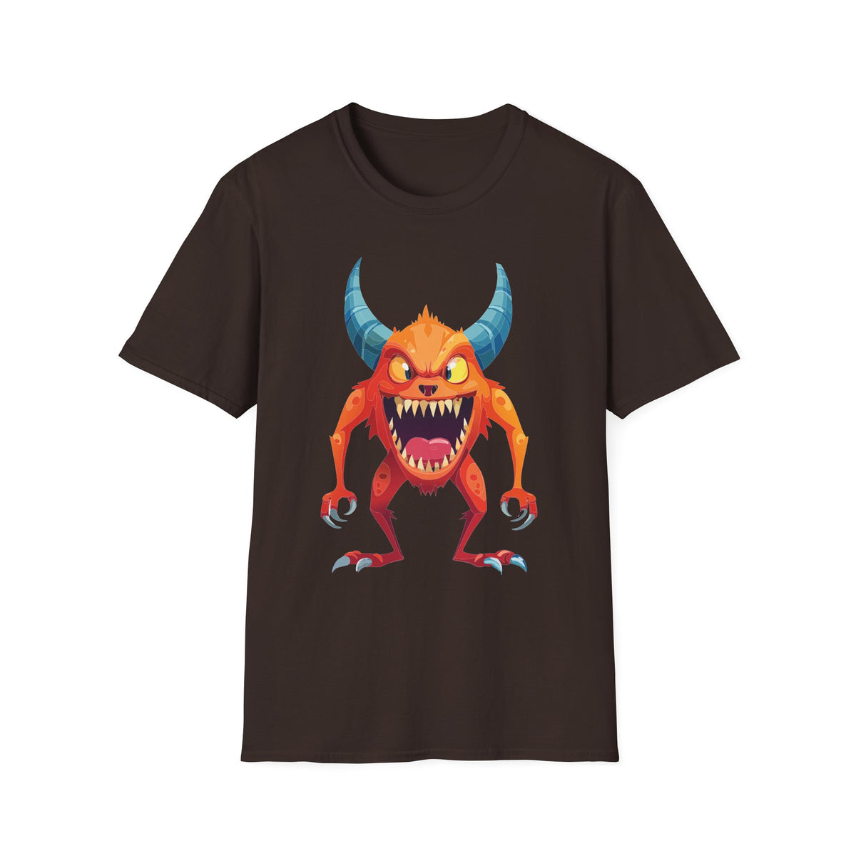Orange Horned Monster T-Shirt — Cute Scary Cartoon Tee for Kids & Halloween Cartoon Graphic Tee Unisex 100 Cotton Gildan T-Shirt