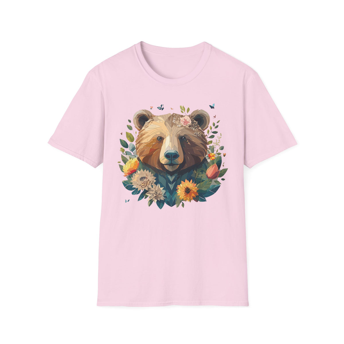 Floral Bear Illustration T-Shirt | Bear Face with Flowers