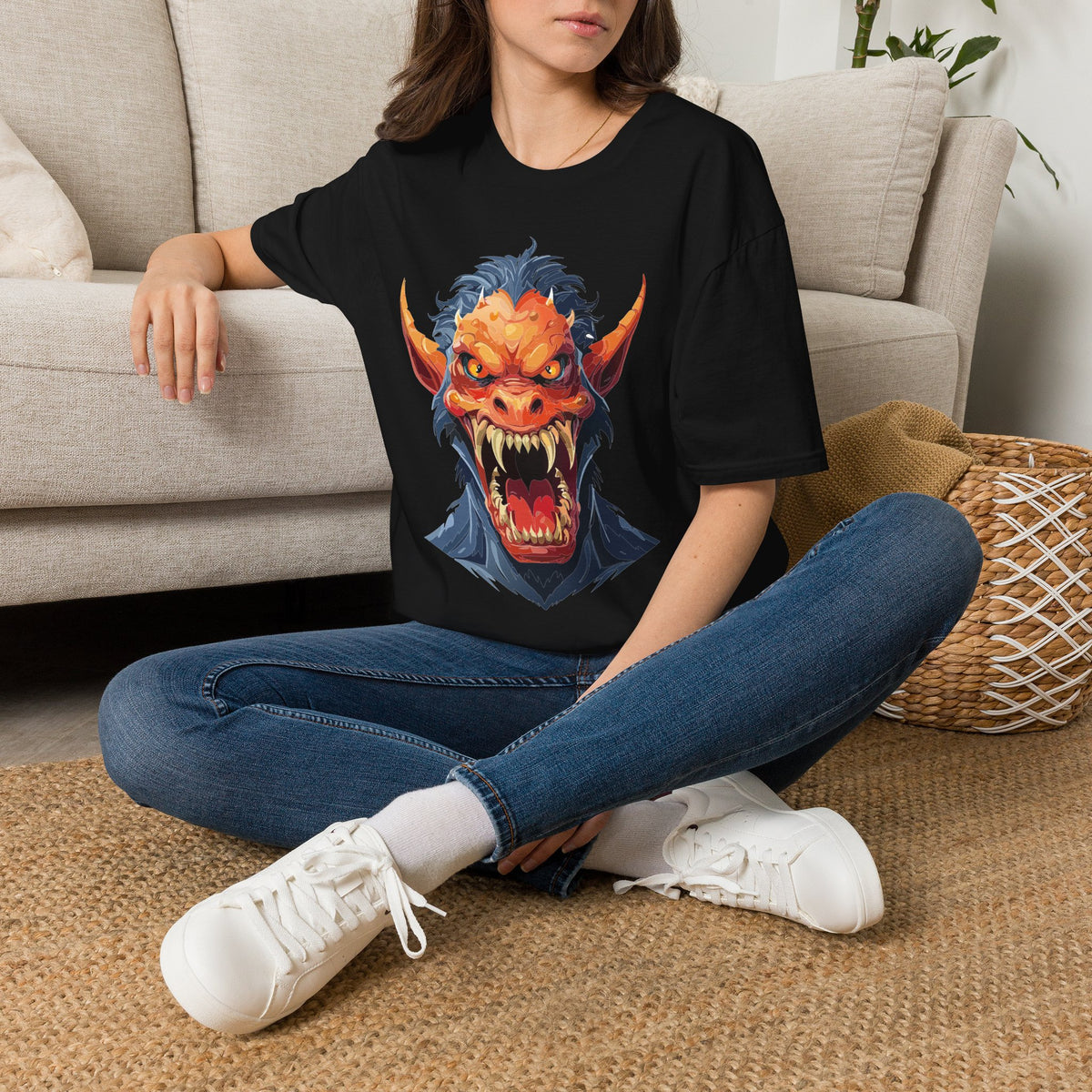 Demonic Monster Head T-Shirt — Fierce Horror Cartoon Graphic Tee Unisex 100 Cotton Gildan T-Shirt