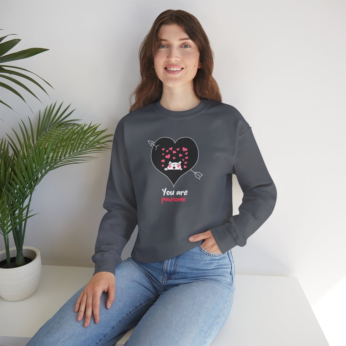 Cat Heart Sweatshirt Valentines Day Fifty Fifty Cotton Poly Unisex Crewneck Gift Idea