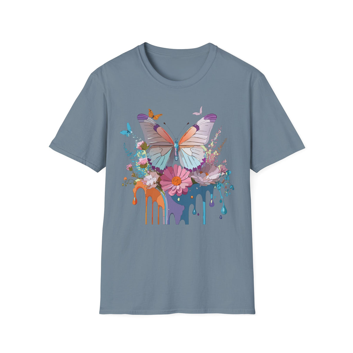 Butterfly Floral T-Shirt — Colorful Drip Art Garden Graphic Design Unisex 100 Cotton Gildan T-Shirt