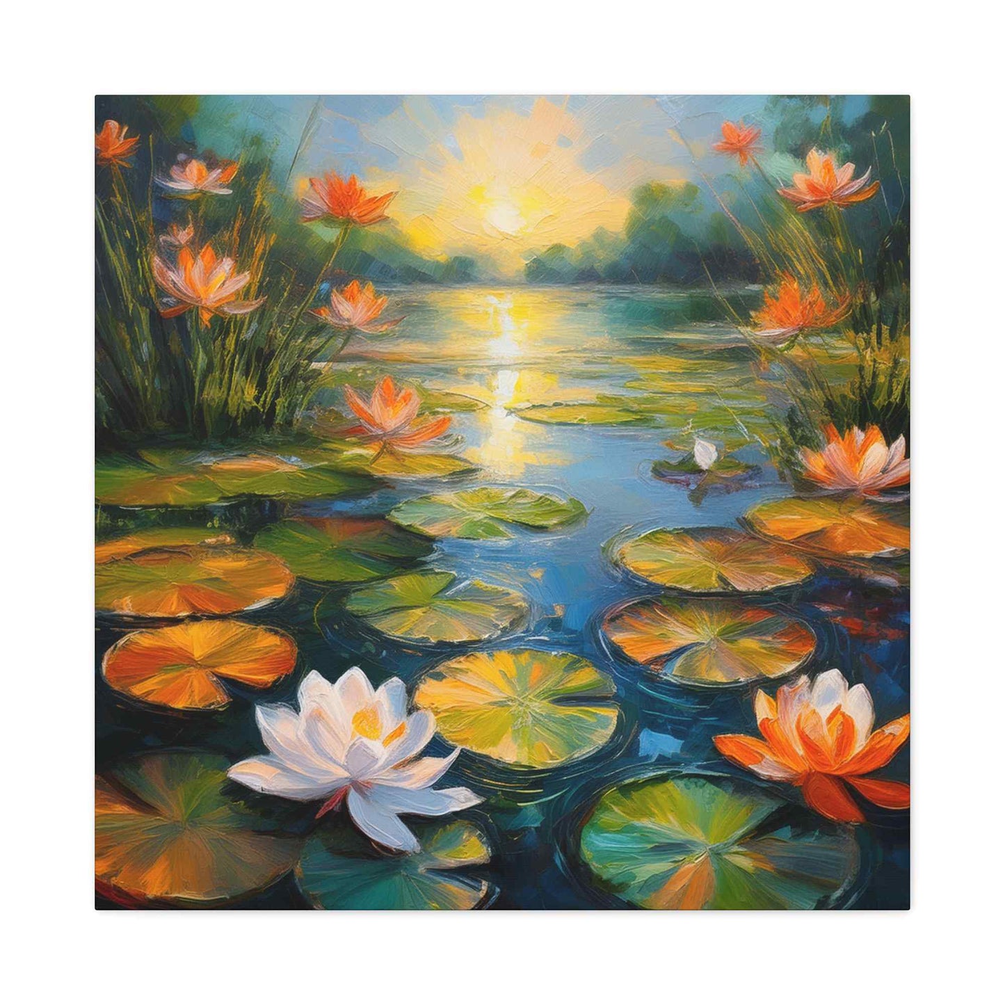 Water Lilies Print Canvas, Oil Paint Print 20x20, 24x24, 30x30, 32x32, 36x36 Art Design Print Pine-Wood Inner Frame MC-63