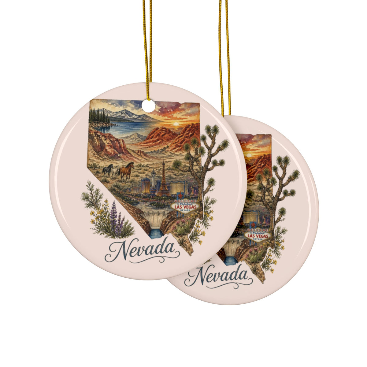 Nevada Scenic State Map Ornament ceramic round, double-sided | Nevada landscape souvenir - 2.99" Includes Gold String