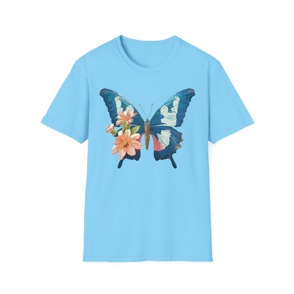Blue Butterfly Floral Print T-Shirt | Botanical Wings Graphic Tee Unisex 100 Cotton Gildan T-Shirt