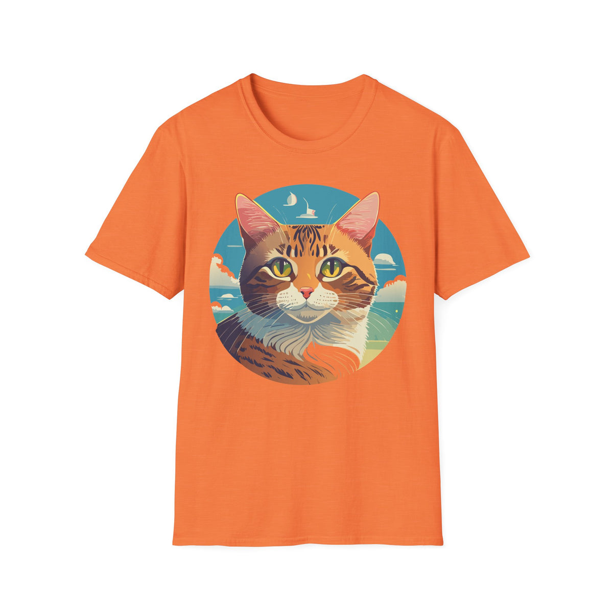 Sunset Tabby Cat T-Shirt | Cat Portrait Tee, Beach Sky Illustration
