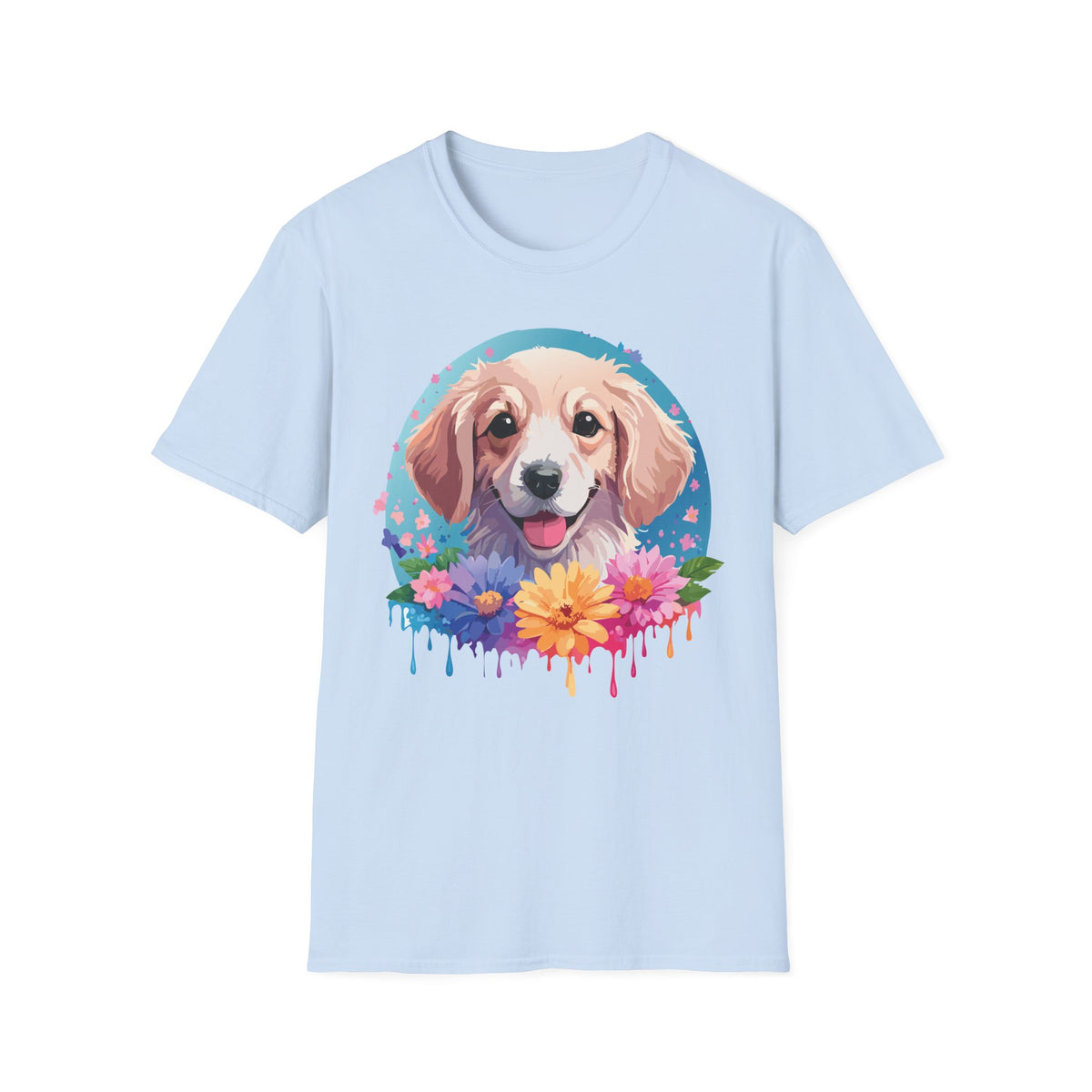Happy Golden Retriever Portrait T-Shirt | Colorful Floral Dog Illustration