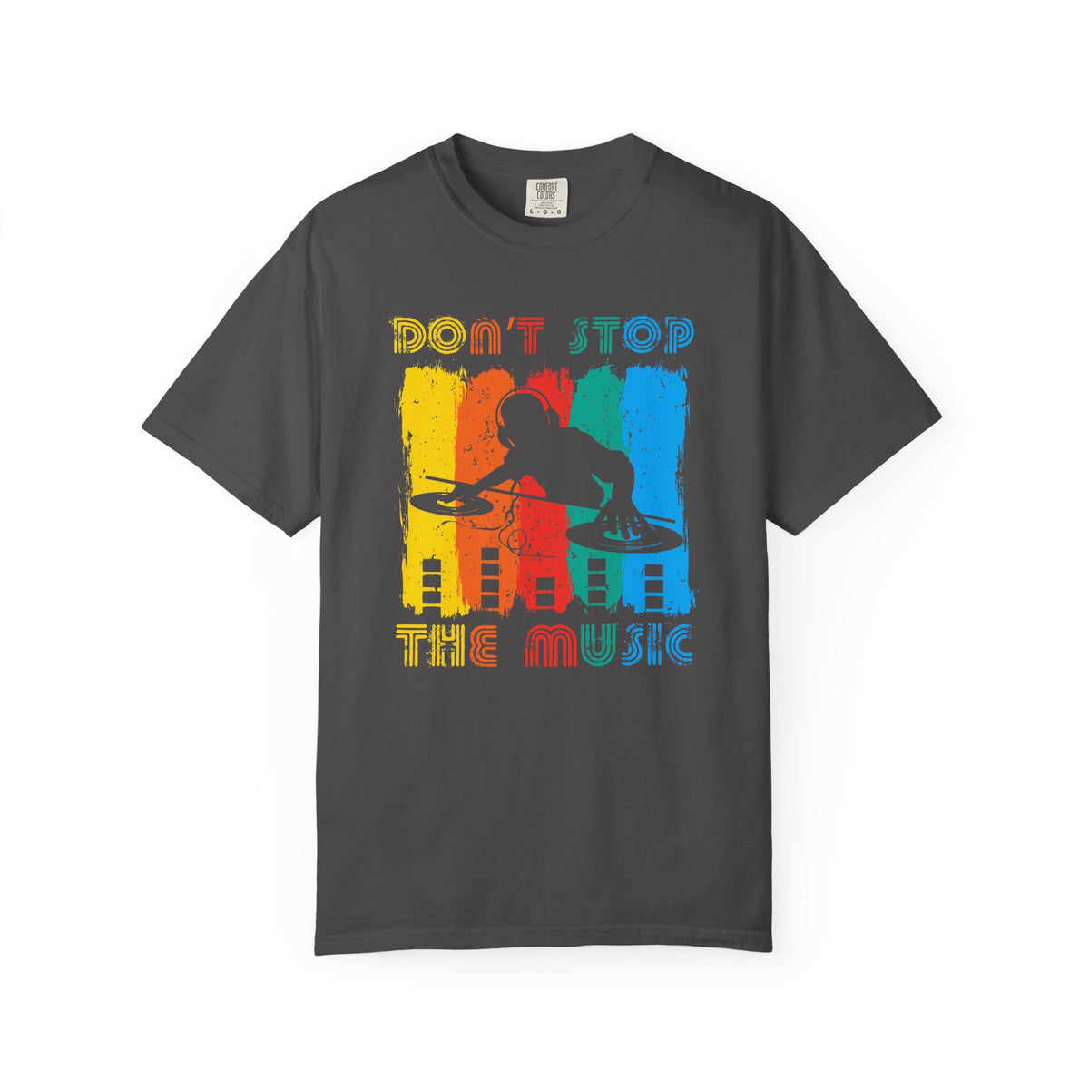Don t Stop the Music DJ Silhouette T-Shirt Retro Rainbow Turntables Unisex Cotton Tee 014