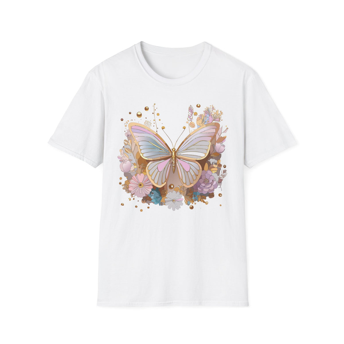 Pastel Butterfly Floral T-Shirt — Gold Accent Butterfly Graphic Design Unisex 100 Cotton Gildan T-Shirt