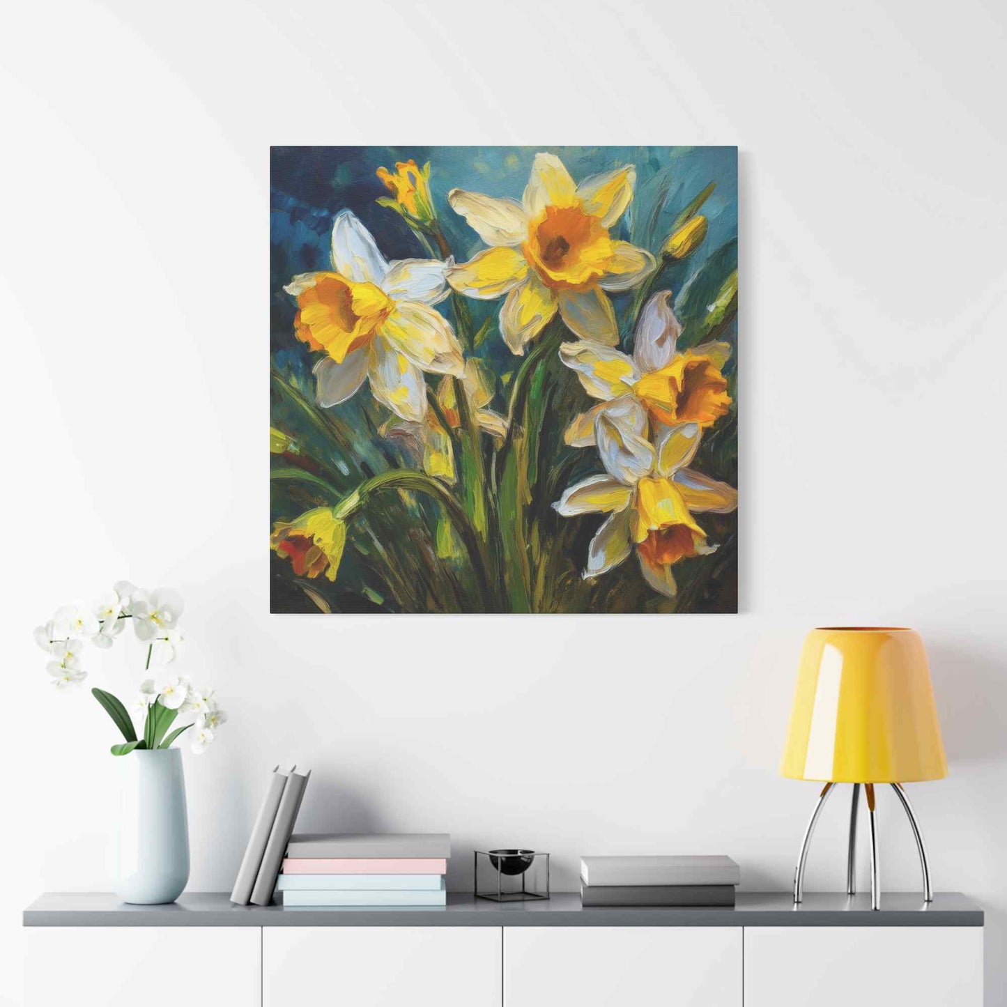 Narcissus Print Canvas, Floral Oil Paint Print 20x20, 24x24, 30x30, 32x32, 36x36 Art Design Pine-Wood Inner Frame MC-176
