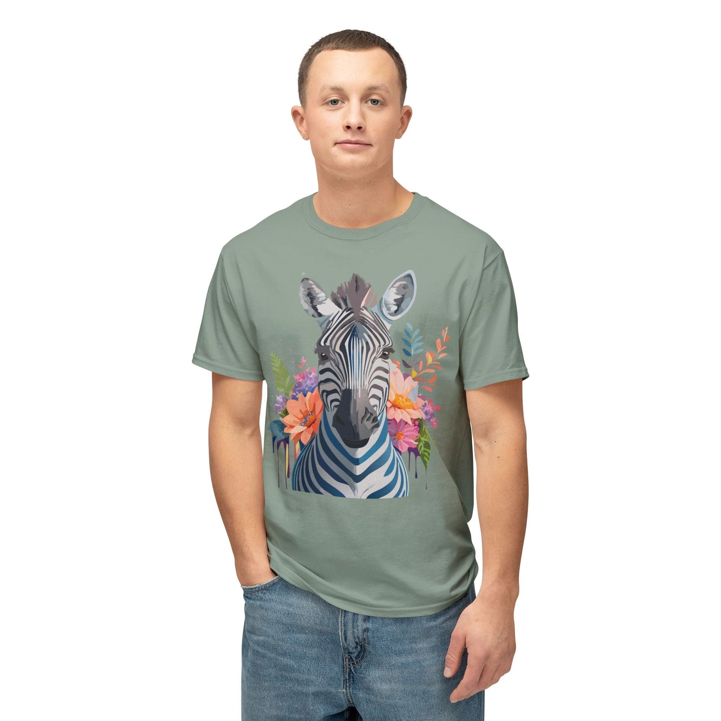 Unisex Zebra Art Print T Shirt HD Cotton Tee Floral Design Made In USA Premium Comfort Breathable