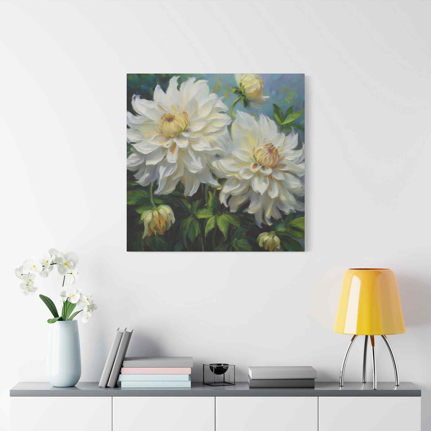 White Dahlias Print Canvas, Floral Oil Paint Print 20x20, 24x24, 30x30, 32x32, 36x36 Art Design Pine-Wood Inner Frame MC-170