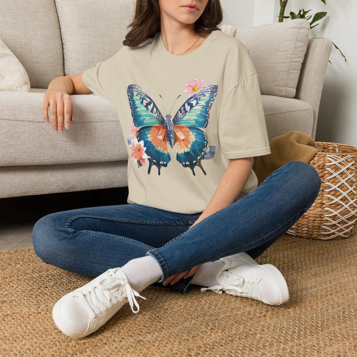 Butterfly Watercolor T-Shirt — Floral Blue Orange Butterfly Graphic Tee Unisex 100 Cotton Gildan T-Shirt