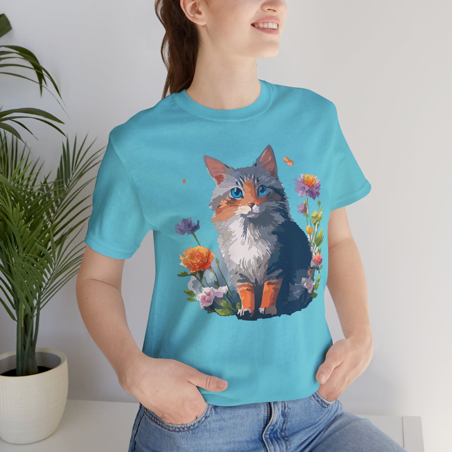 Floral Cat Tee, Animal Shirt, Cat Shirt, Floral Tee, Flower T-shirt, T-Shirt with Animal, Summer Top with Art Design