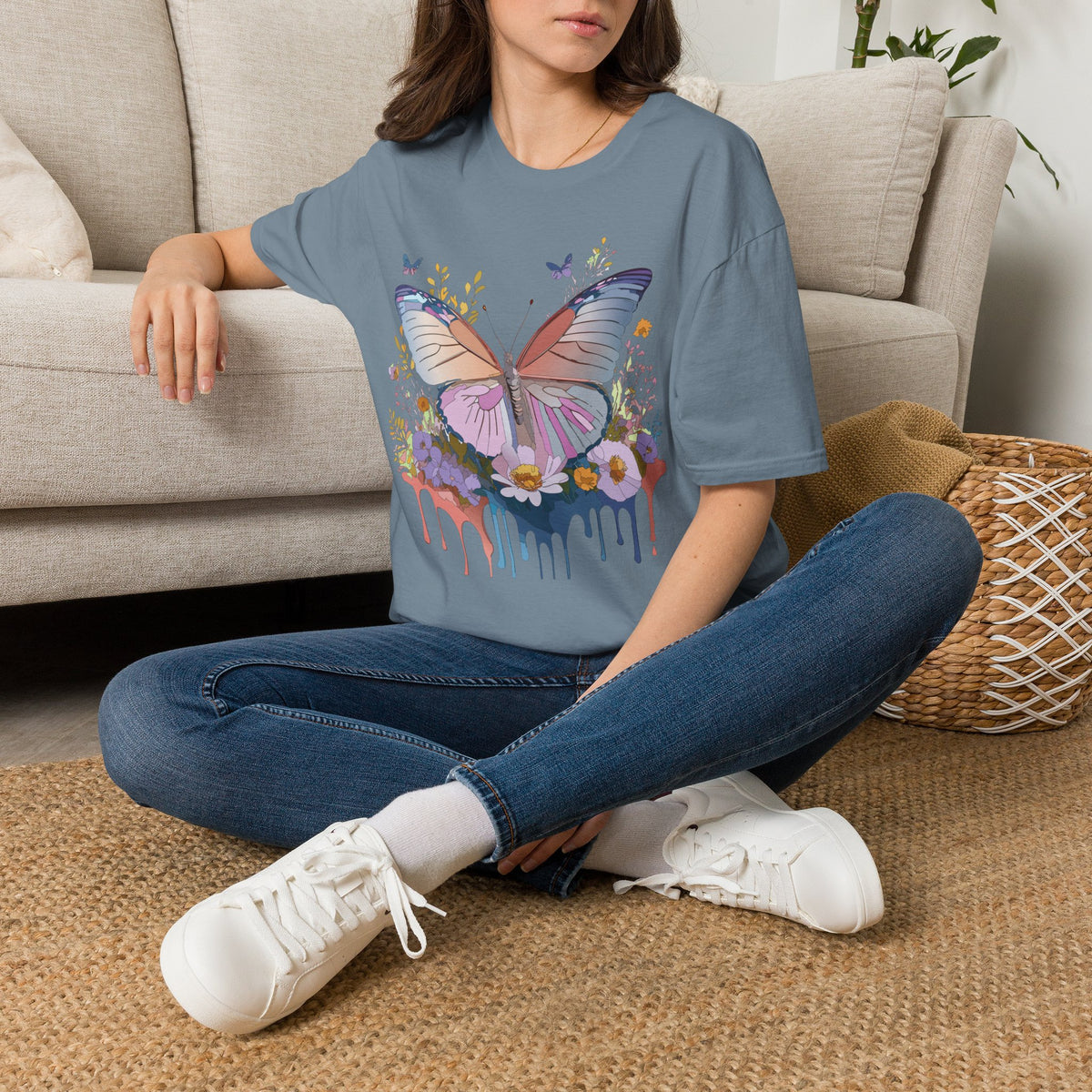 Butterfly Floral T-Shirt — Pastel Watercolor Wings with Drip Art Graphic Tee Unisex 100 Cotton Gildan T-Shirt