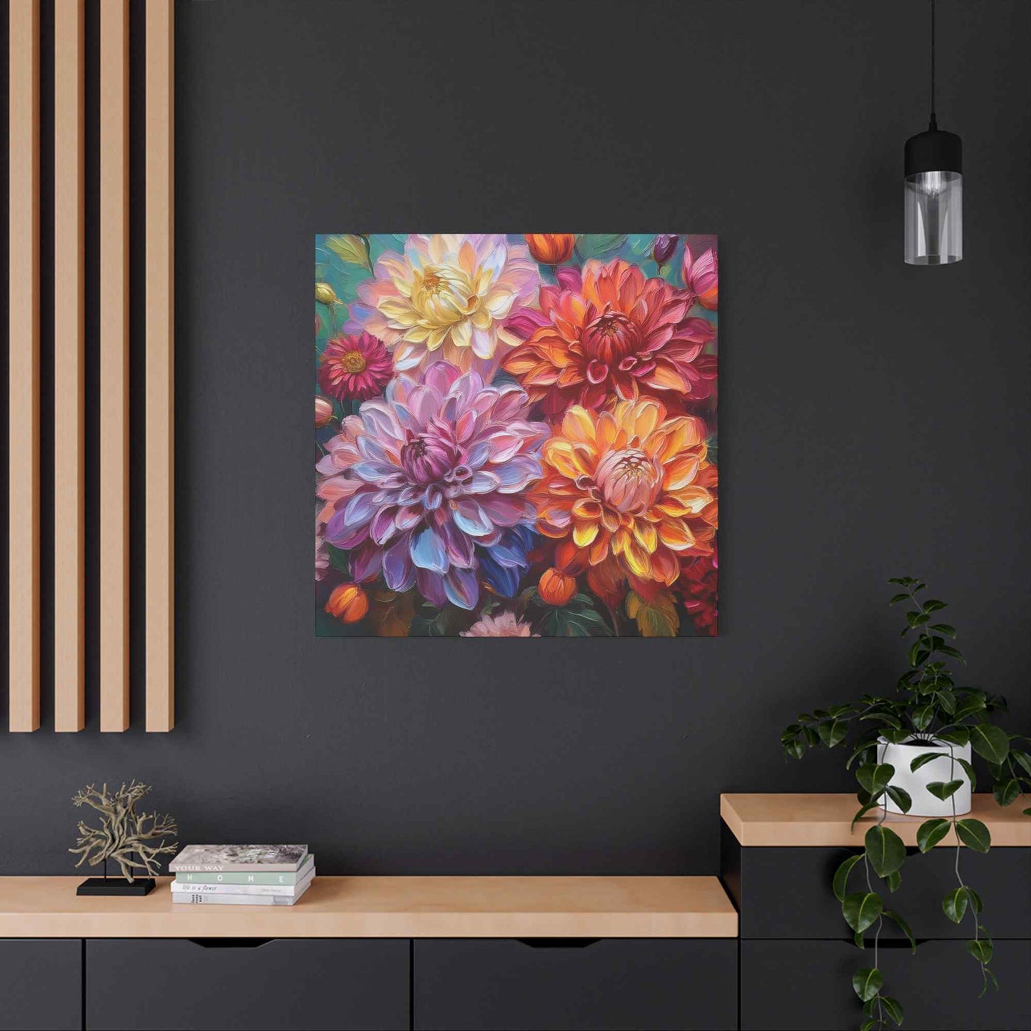 Dahlias Floral Print Canvas, Floral Oil Paint Print 20x20, 24x24, 30x30, 32x32, 36x36 Art Design Pine-Wood Inner Frame MC-167