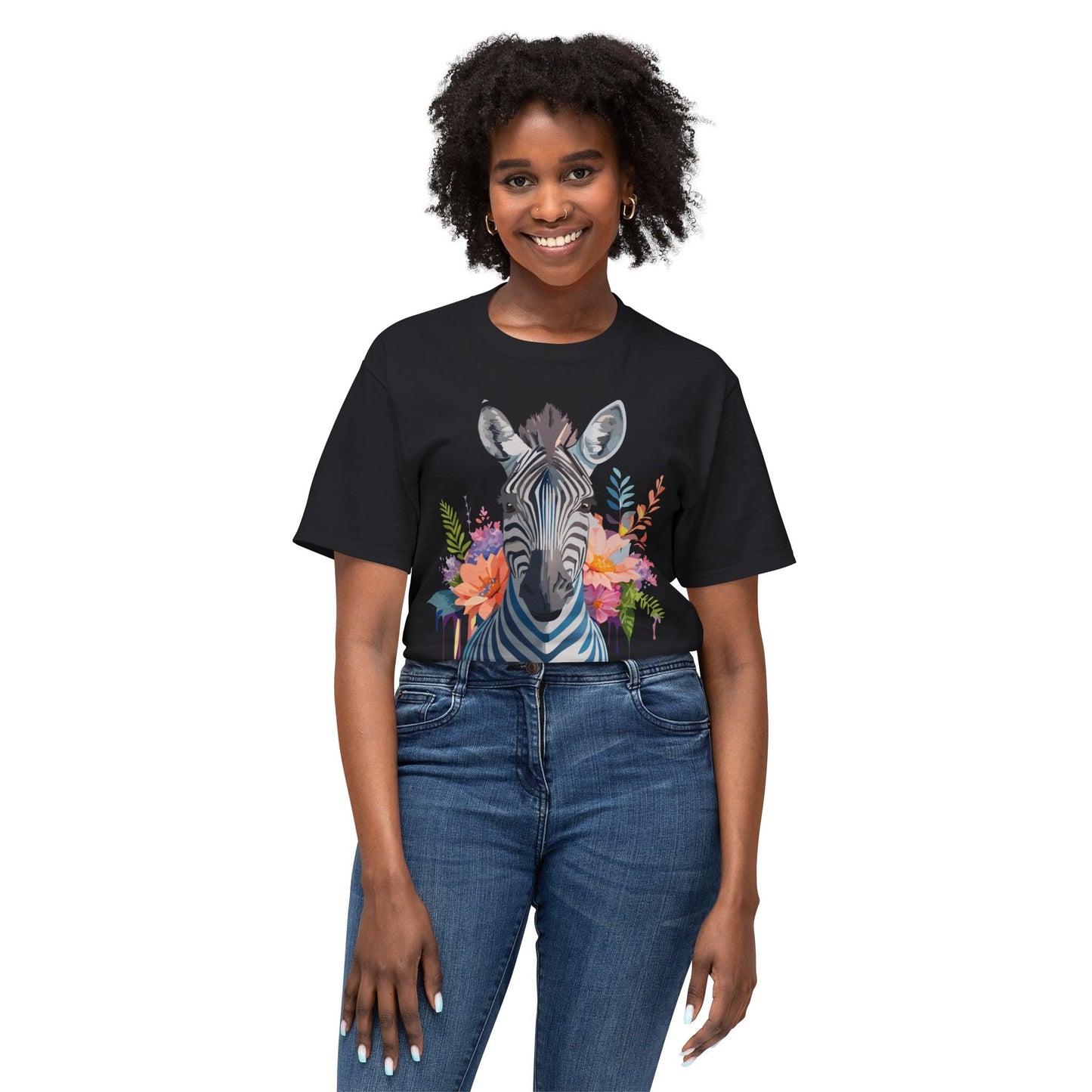 Unisex Zebra Art Print T Shirt HD Cotton Tee Floral Design Made In USA Premium Comfort Breathable