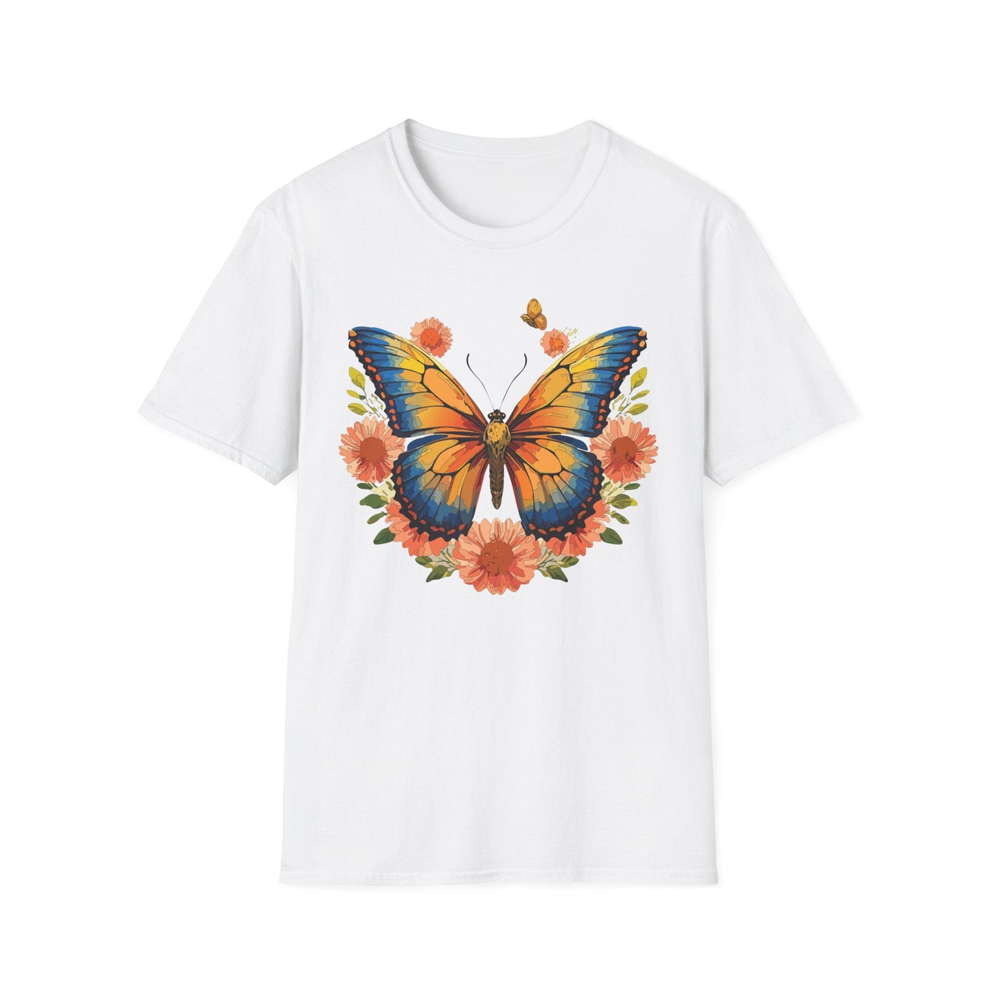 Butterfly T Shirt Unisex Softstyle Gildan 64000 Monarch Print 100 Percent Ring Spun Cotton