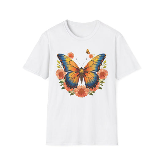 Butterfly T Shirt Unisex Softstyle Gildan 64000 Monarch Print 100 Percent Ring Spun Cotton
