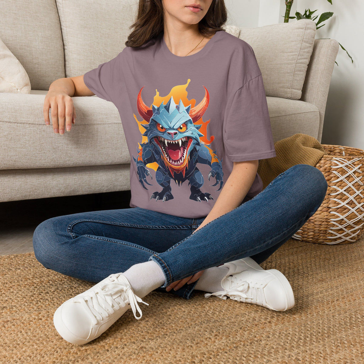 Monster Dragon T-Shirt — Fierce Fire-Breathing Creature Cartoon Graphic Tee Unisex 100 Cotton Gildan T-Shirt