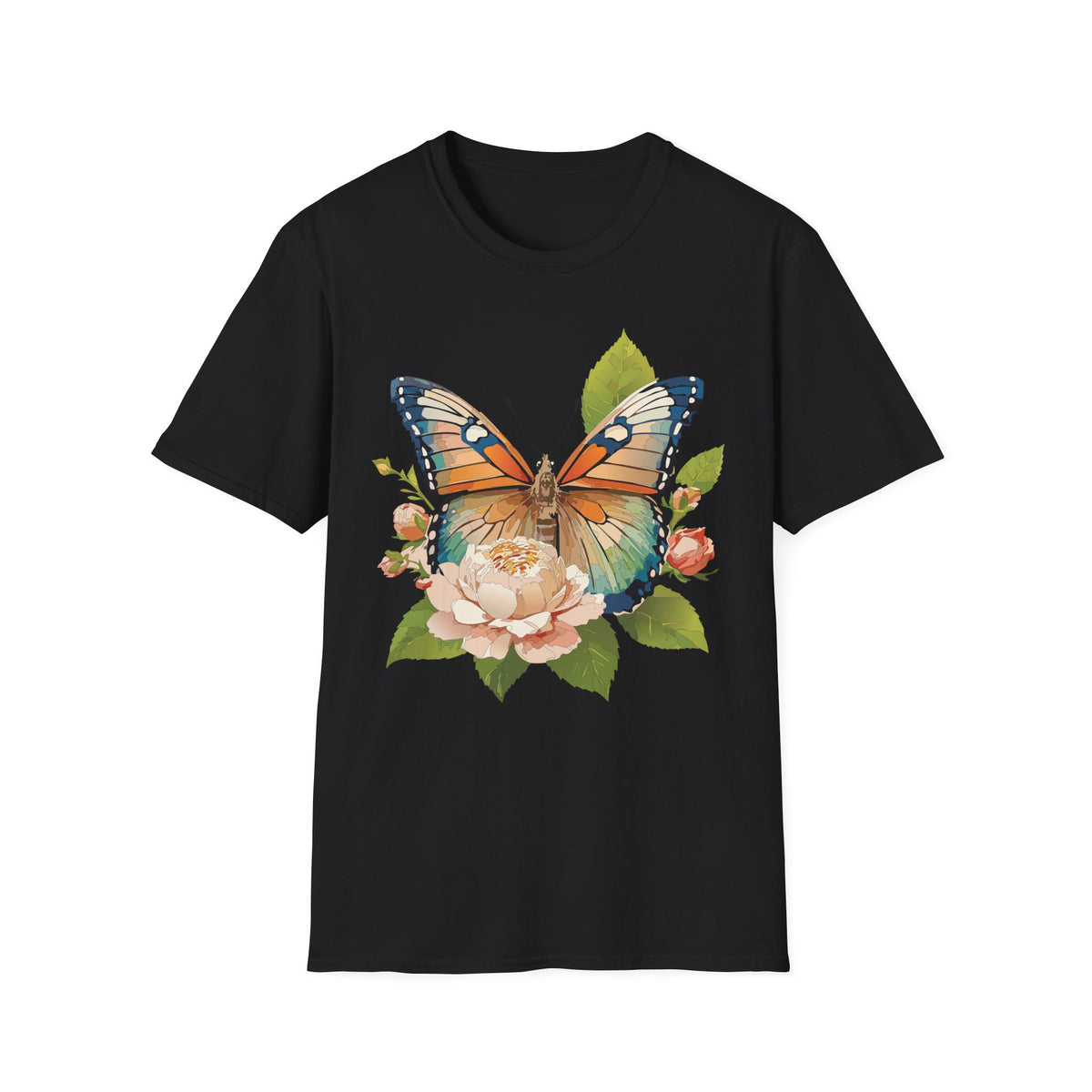 Butterfly Floral T-Shirt — Watercolor Monarch & Roses Graphic Tee Unisex 100 Cotton Gildan T-Shirt