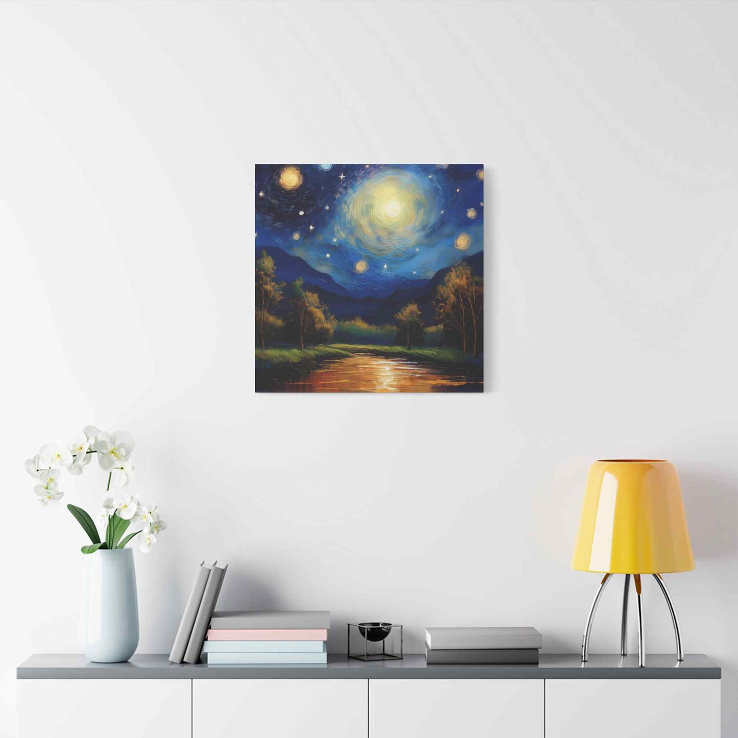 Starry Night Print Canvas, Oil Paint Print 20x20, 24x24, 30x30, 32x32, 36x36 Art Design Print Pine-Wood Inner Frame MC-38