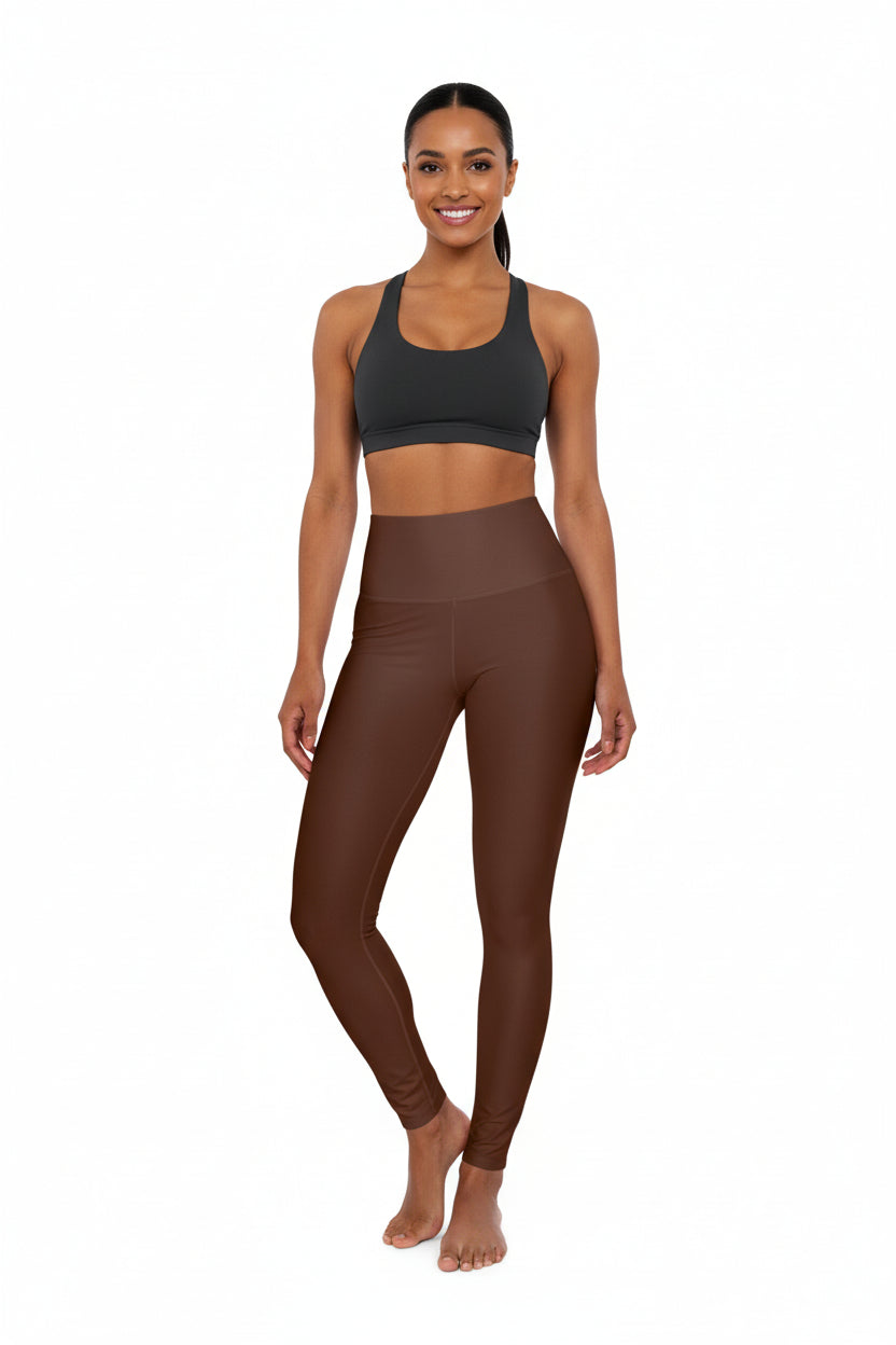 High-Waist Chocolate Brown Yoga Leggings Women's Poly-Span Solid Dark Chestnut Color Print Fitness Tights